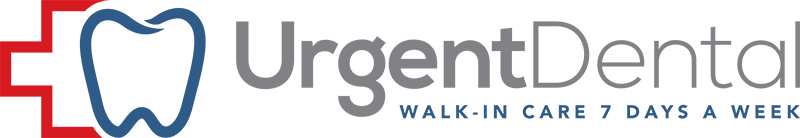 The logo for Urgent Dental features a red medical cross with a blue tooth outline superimposed on it. To the right, the text "Urgent Dental" appears in gray and blue, with the tagline "WALK-IN CARE 7 DAYS A WEEK" below.